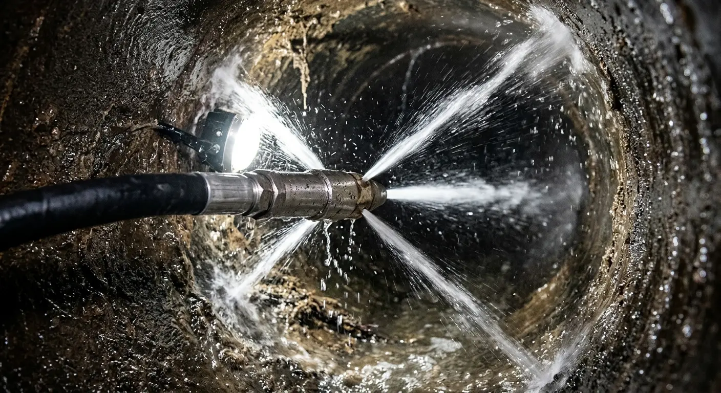 High-pressure hydro jetting nozzle cleaning sewer pipe for Emergency Drain Service in Long Branch