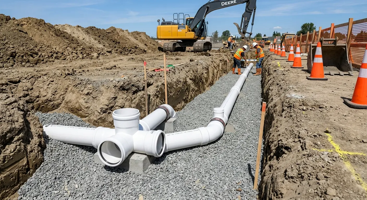 New PVC sewer pipe installation in open trench for Sewer Backup in Long Branch