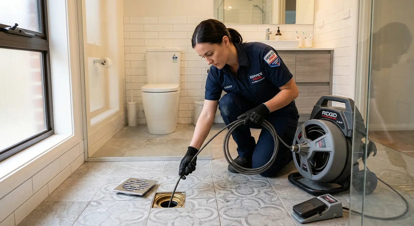 Technician clearing a bathroom floor drain for Hydro Jetting in Long Branch